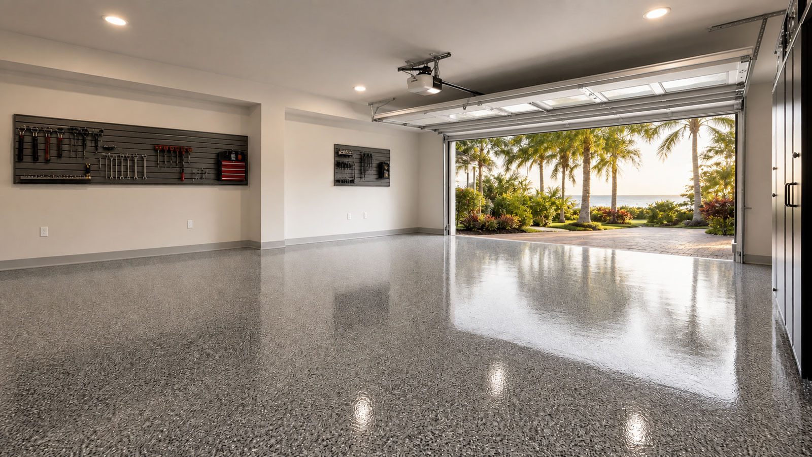 Residential garage with a decorative flake floor