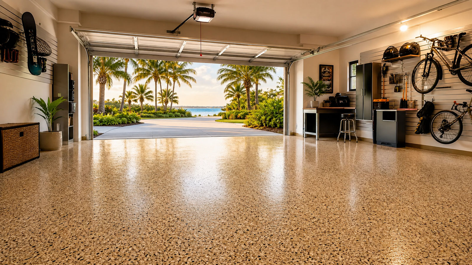 Residential garage with a decorative flake floor coating